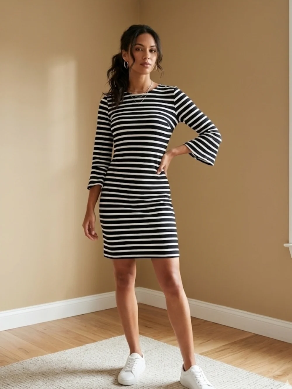J. Crew Black and White Striped Knit Mini Dress - Picture 1 of 5